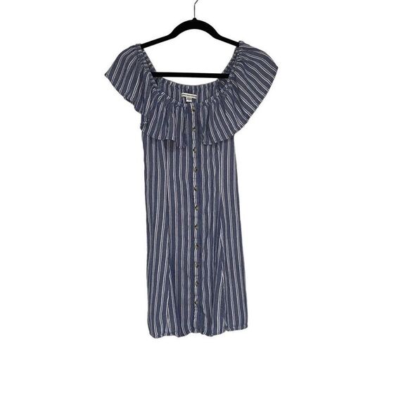 American Eagle woven and ruffled off the shoulder blue and white striped dress - Picture 3 of 7